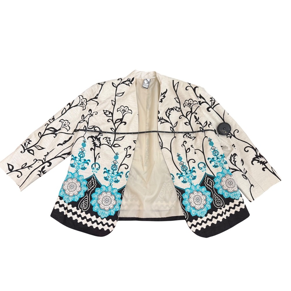 Silk Land Collection Womens XL Silk Blend Open Front Blazer Floral Turquoise